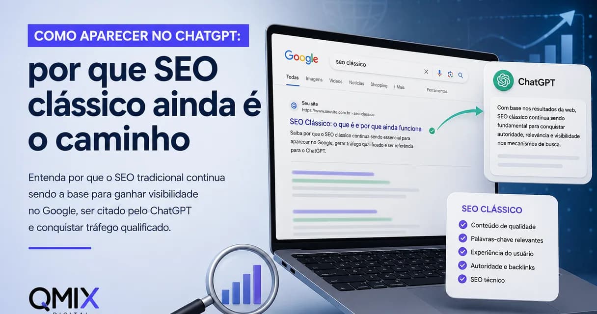 Ilustração editorial sobre como aparecer no ChatGPT, mostrando a relação entre SEO clássico, índice do Google e citações em IA generativa