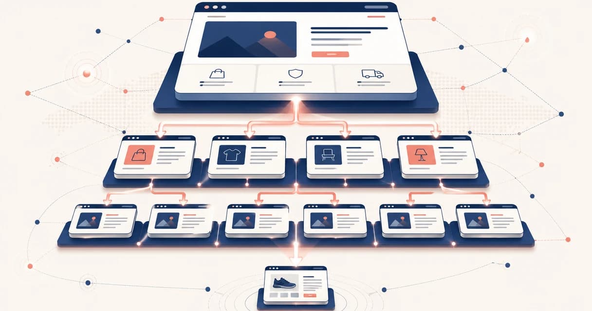 Hierarquia de link building para e-commerce: home no topo, categorias e produtos abaixo, com fluxo de autoridade