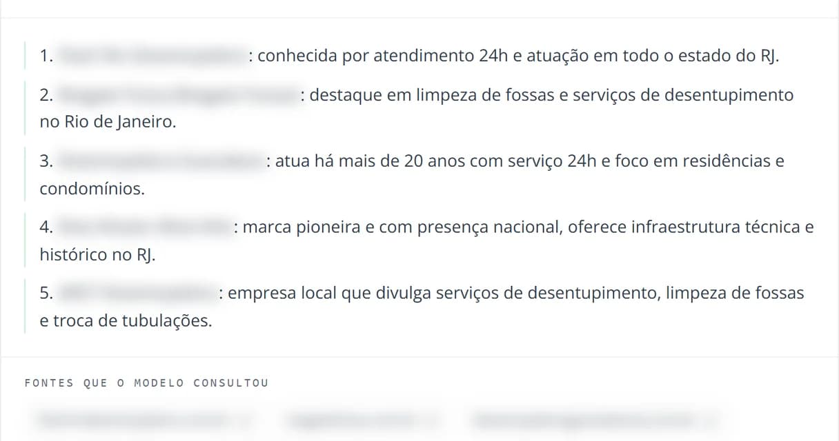 Tela de um assistente de inteligência artificial respondendo quem são os melhores profissionais de uma área em uma cidade, com os nomes borrados