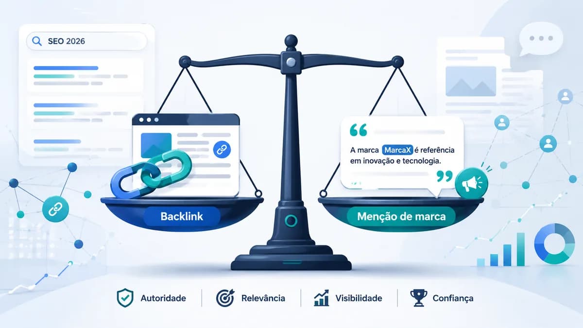 Ilustração comparando menção de marca e backlink no SEO em 2026