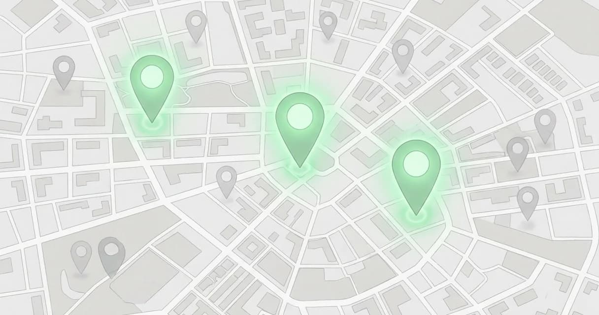 Mapa de cidade com três pinos destacados em verde, representando os três primeiros negócios do mapa do Google