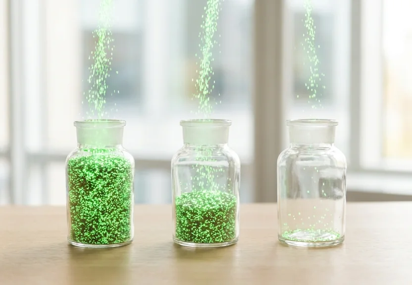 Três potes de vidro se enchendo de partículas verdes em ritmos diferentes, representando o balde de consultas que o query fan-out abre aos poucos para uma página
